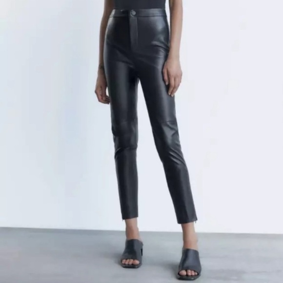 Zara Faux Leather Zip Split Ankle High Waisted Slim Straight Pants - Picture 10 of 10